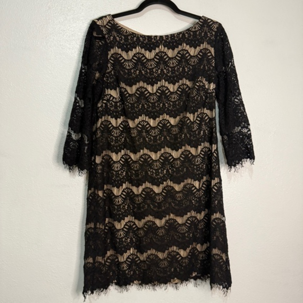 Jessica Howard Black & Tan Lace Three Quarter Sleeve Cocktail Dress. Sz 12P